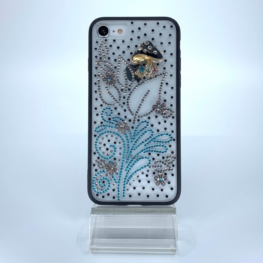 iPhone 7 or 8 TPU +PC case. Unique. Handmade. Pink leaves, turquoise rhinestone